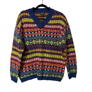 NYC Women's XL Multicolor V-Neck Sweater Cabincore Eclectic Grandpa